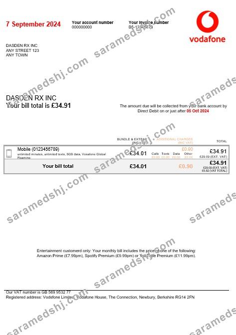 United Kingdom Vodafone business utility bill Word and PDF template